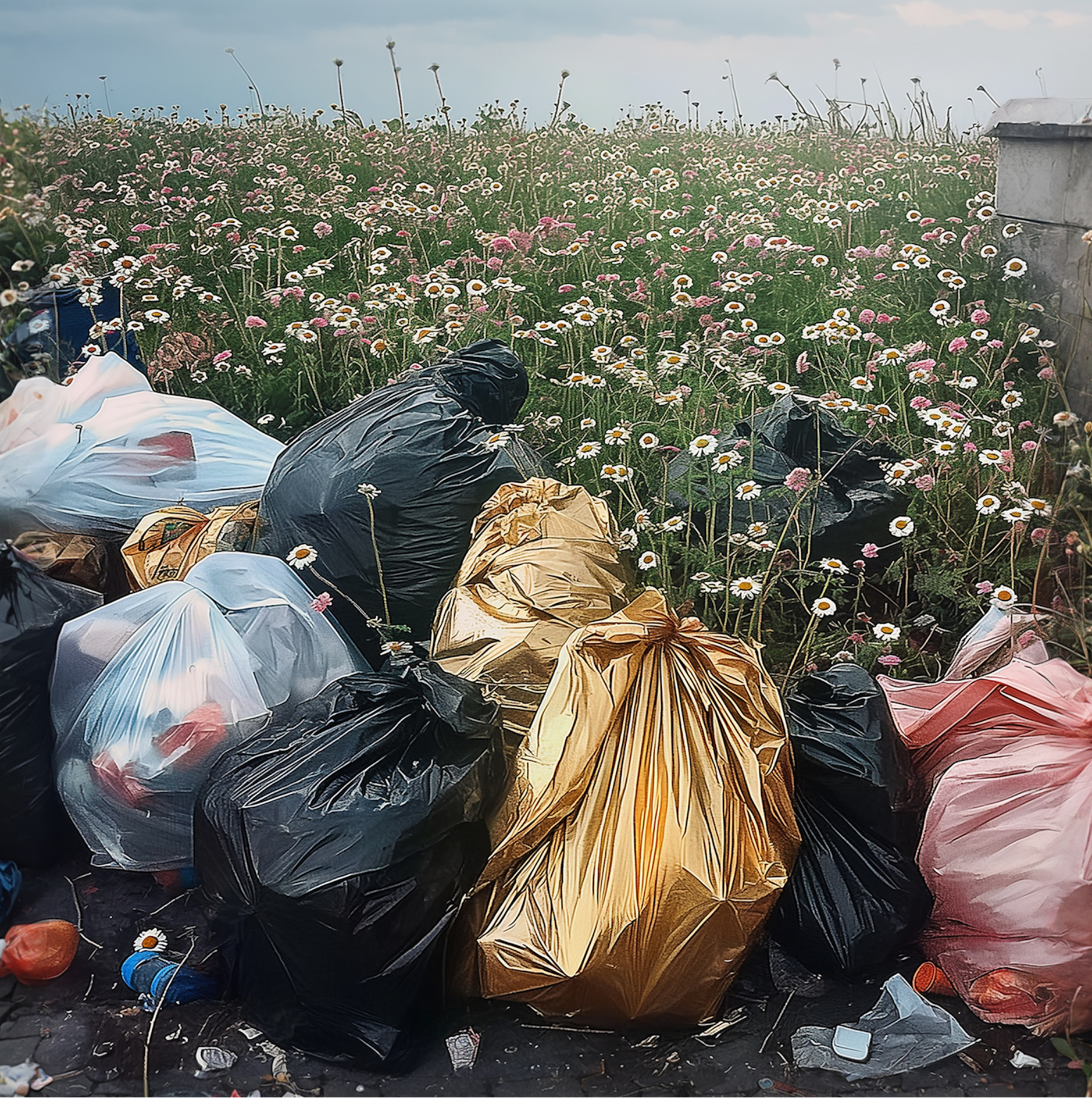 Recyclable waste bags in a green field